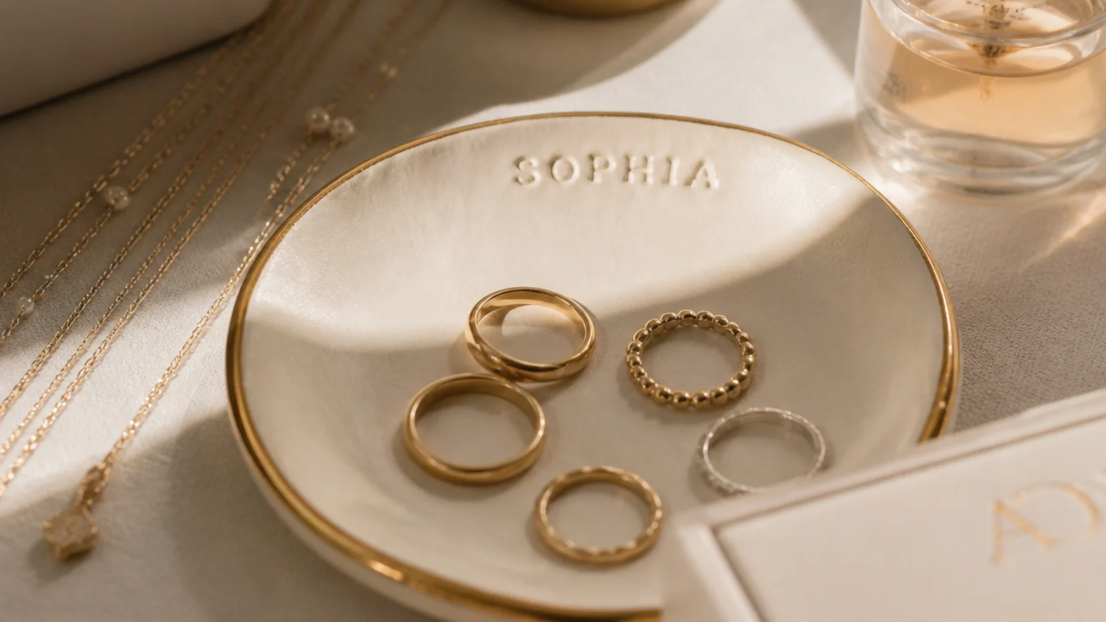 A cream clay dish with a name stamped into the rim in small letters and a gold-painted edge, holding rings.