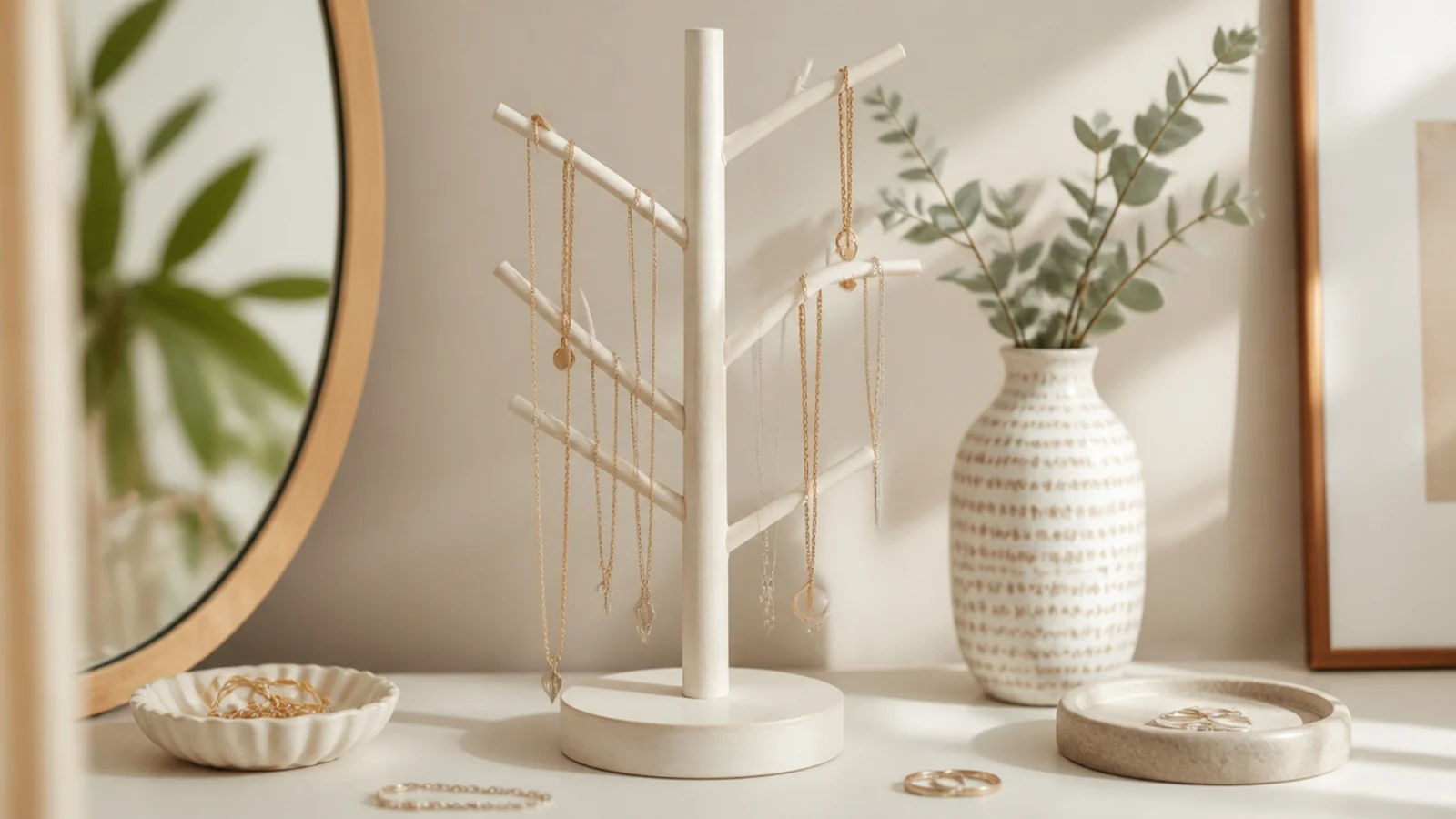 A painted wooden dowel tree with angled arms on a weighted round base, necklaces hung on each arm, on a vanity.