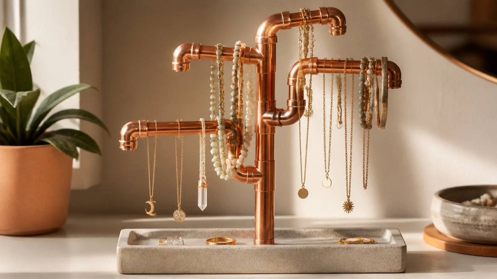 A modern copper pipe stand with branching fittings holding necklaces and bracelets, on a concrete-poured base.