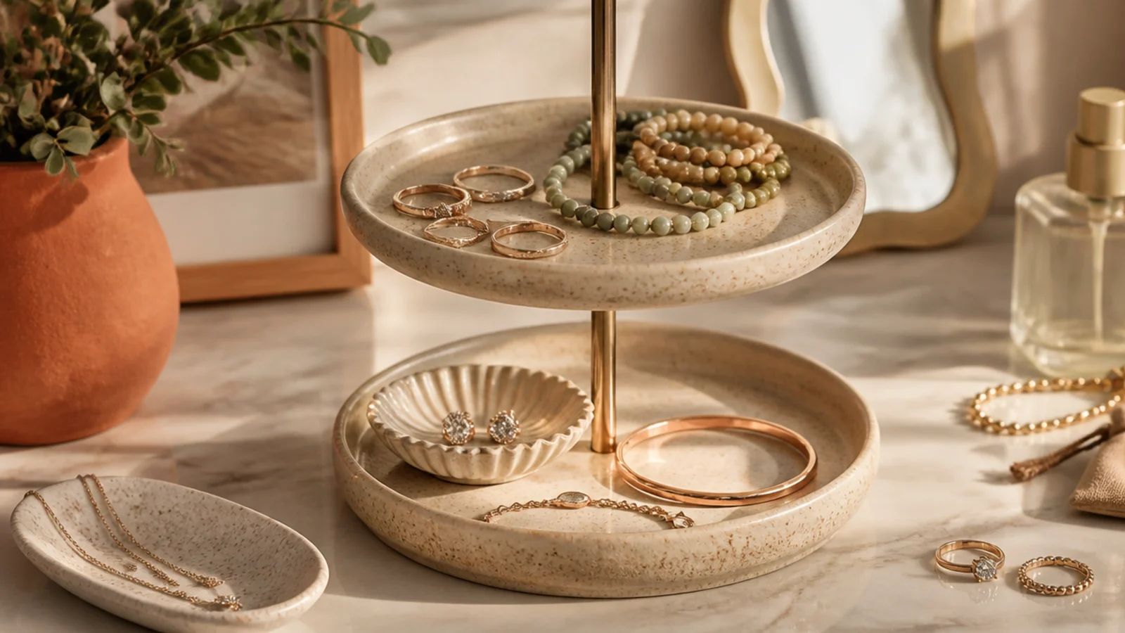 A two-tier tray stand on a central rod holding ring dishes, coiled bracelets, and a bowl of studs on a vanity.