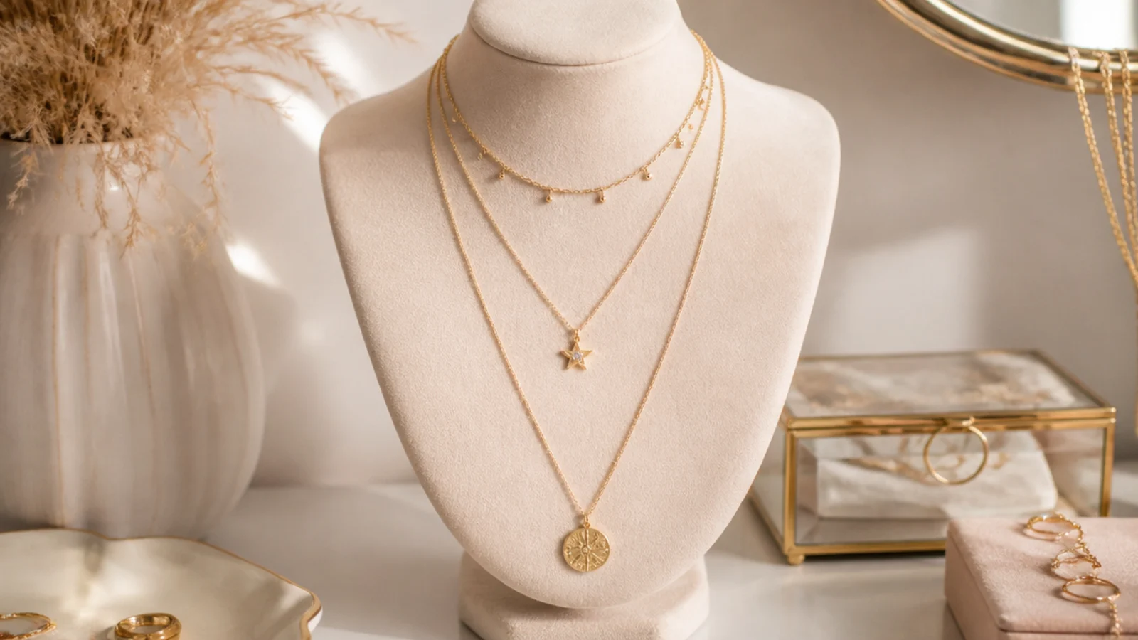 A ceramic or velvet bust form on a vanity draped with layered necklaces, showing how they hang when worn.