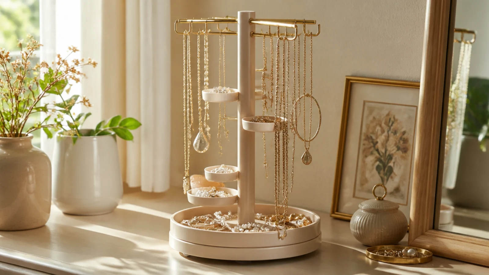A tall rotating stand on a lazy Susan base with hooks, bars, and dishes all around it, holding a full collection.