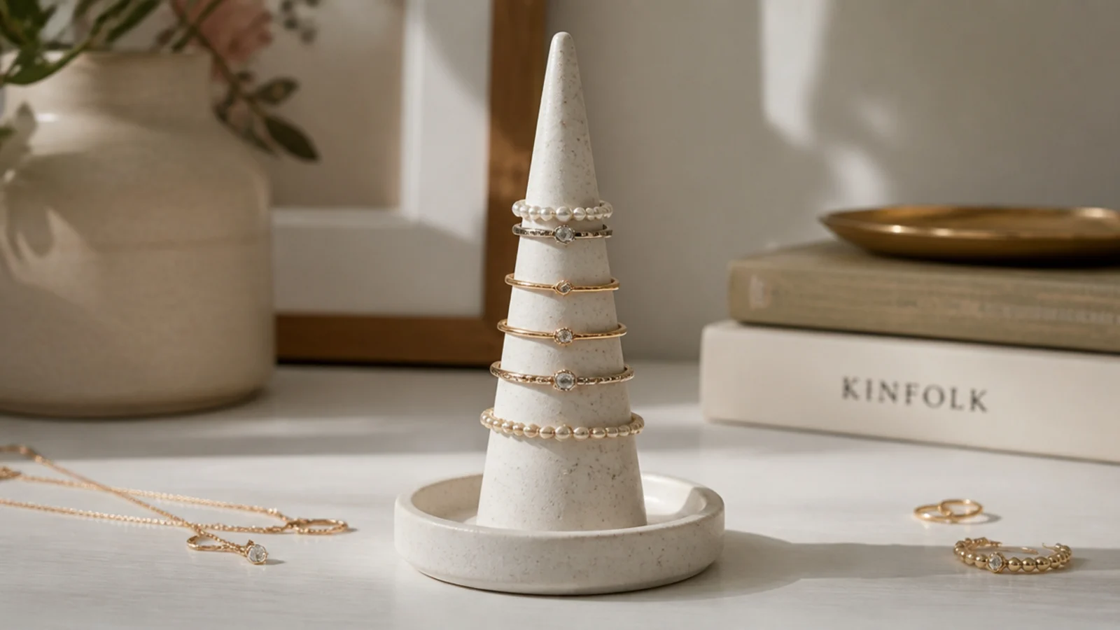 A tall slim cone on a small weighted dish base, rings stacked down its slope, on a nightstand.