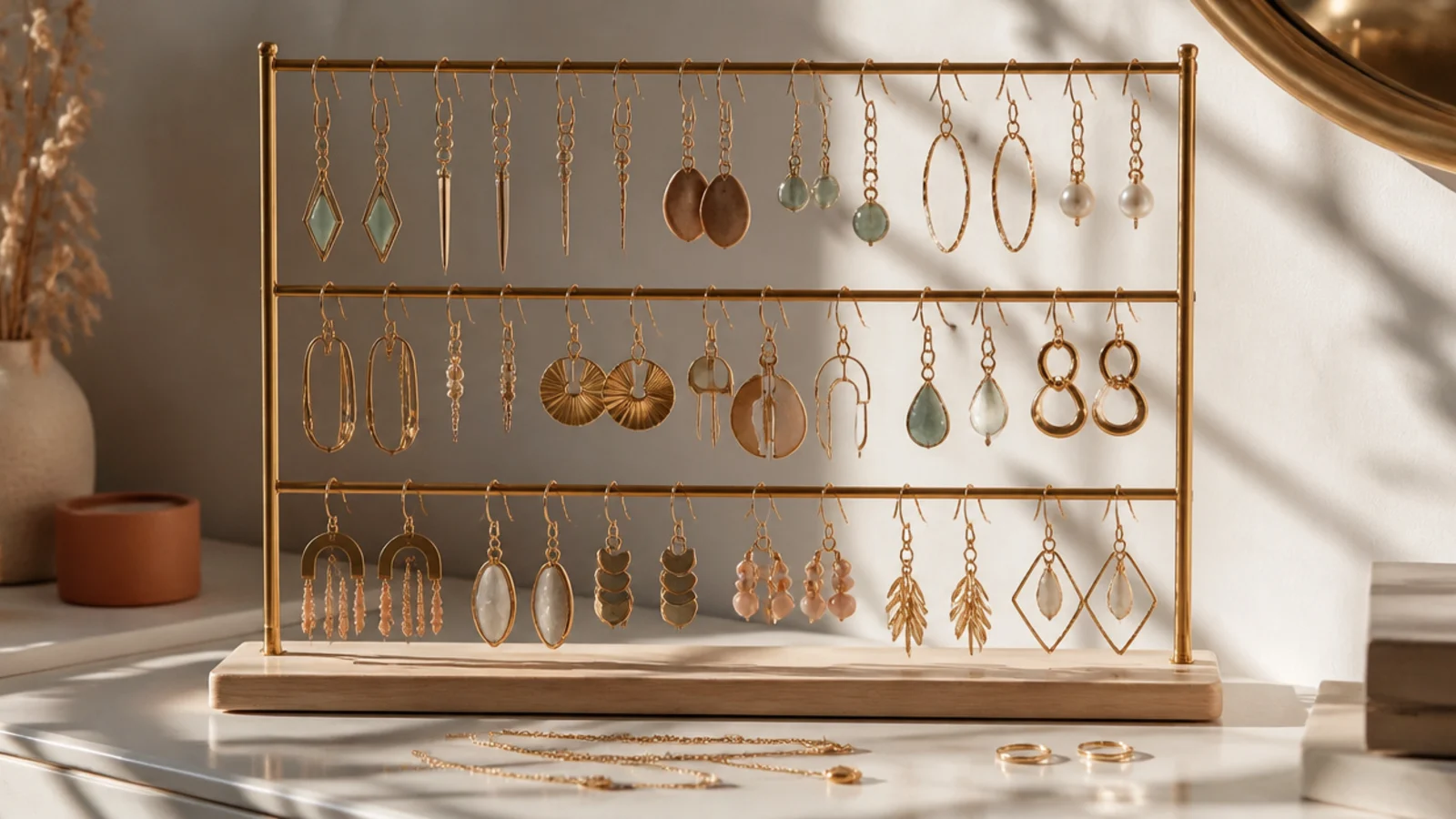 A stand with two uprights and horizontal bars between them, dangle earrings hooked in rows along the bars.