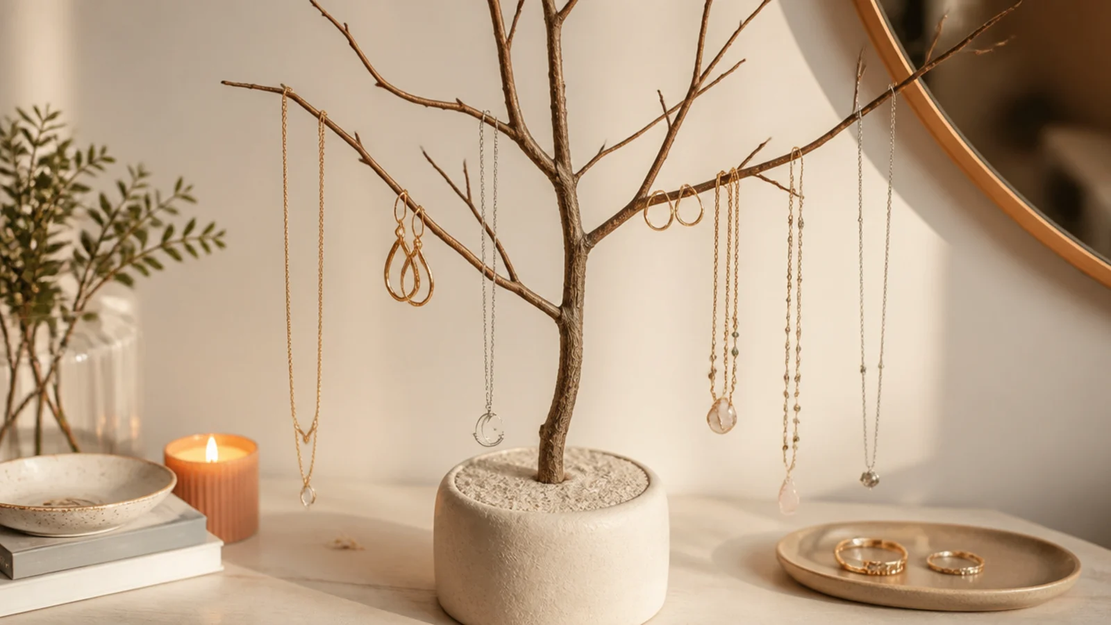 A graceful bare branch set upright in a plaster-filled pot base, necklaces and earrings hung from the twigs.