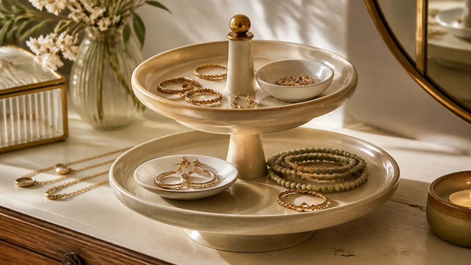 A two-tier ceramic cake stand on a vanity holding ring dishes, coiled bracelets, and a small dish of earrings.