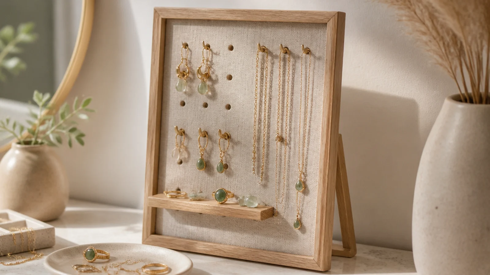 A small framed pegboard on an easel back standing on a vanity, hooks and a shelf holding earrings and necklaces.