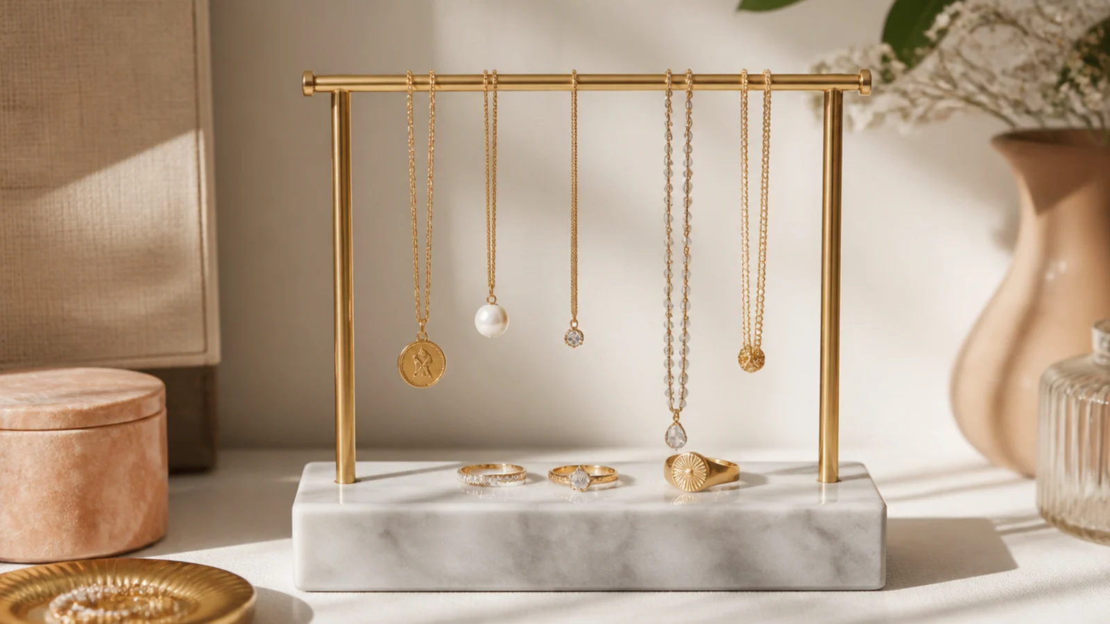 A slim brass rod stand set in a solid marble base, holding necklaces and rings, looking high-end on a vanity.