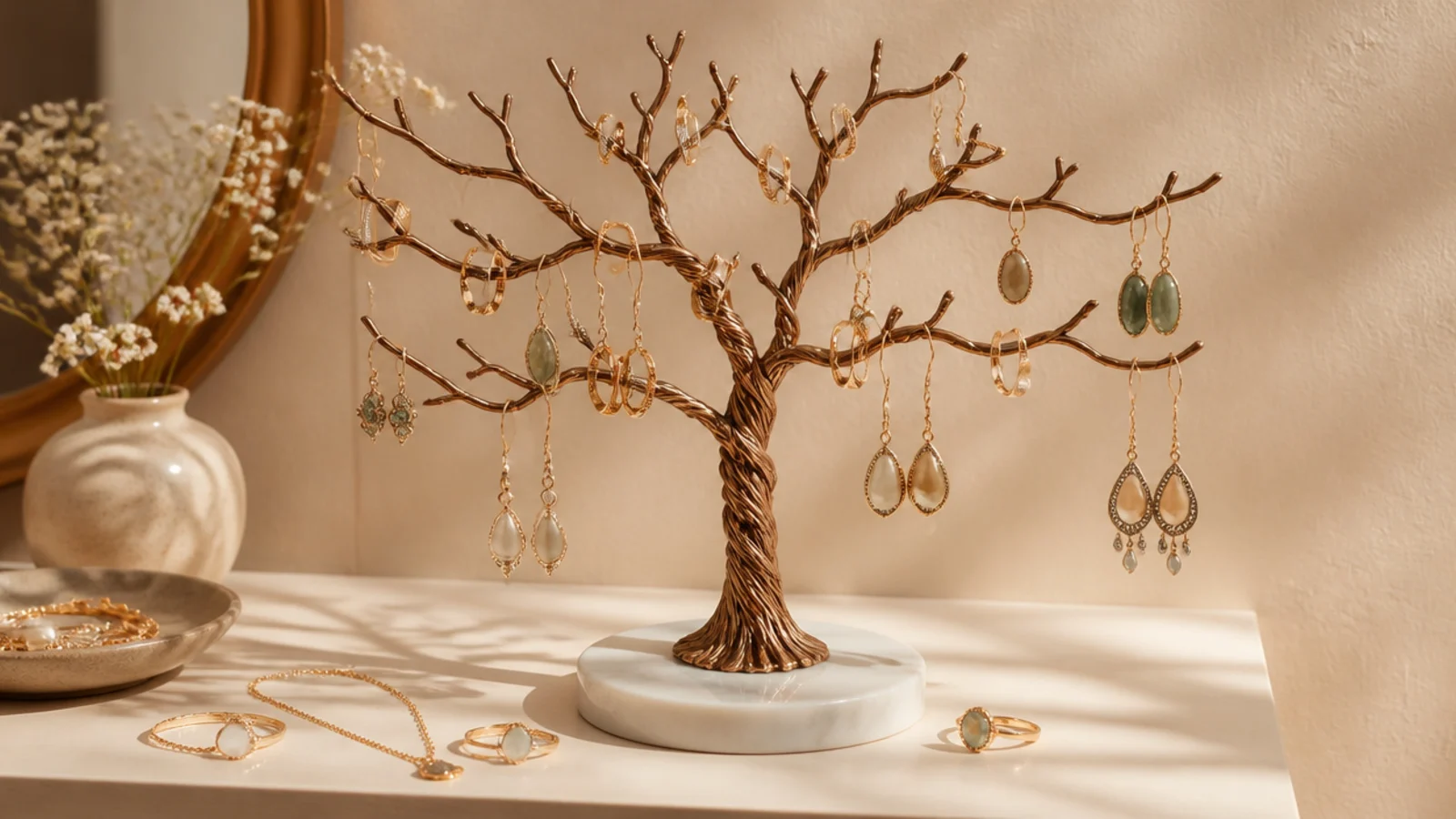 A twisted-wire tree with many fine branches on a weighted base, rings and earrings hung across the branches.
