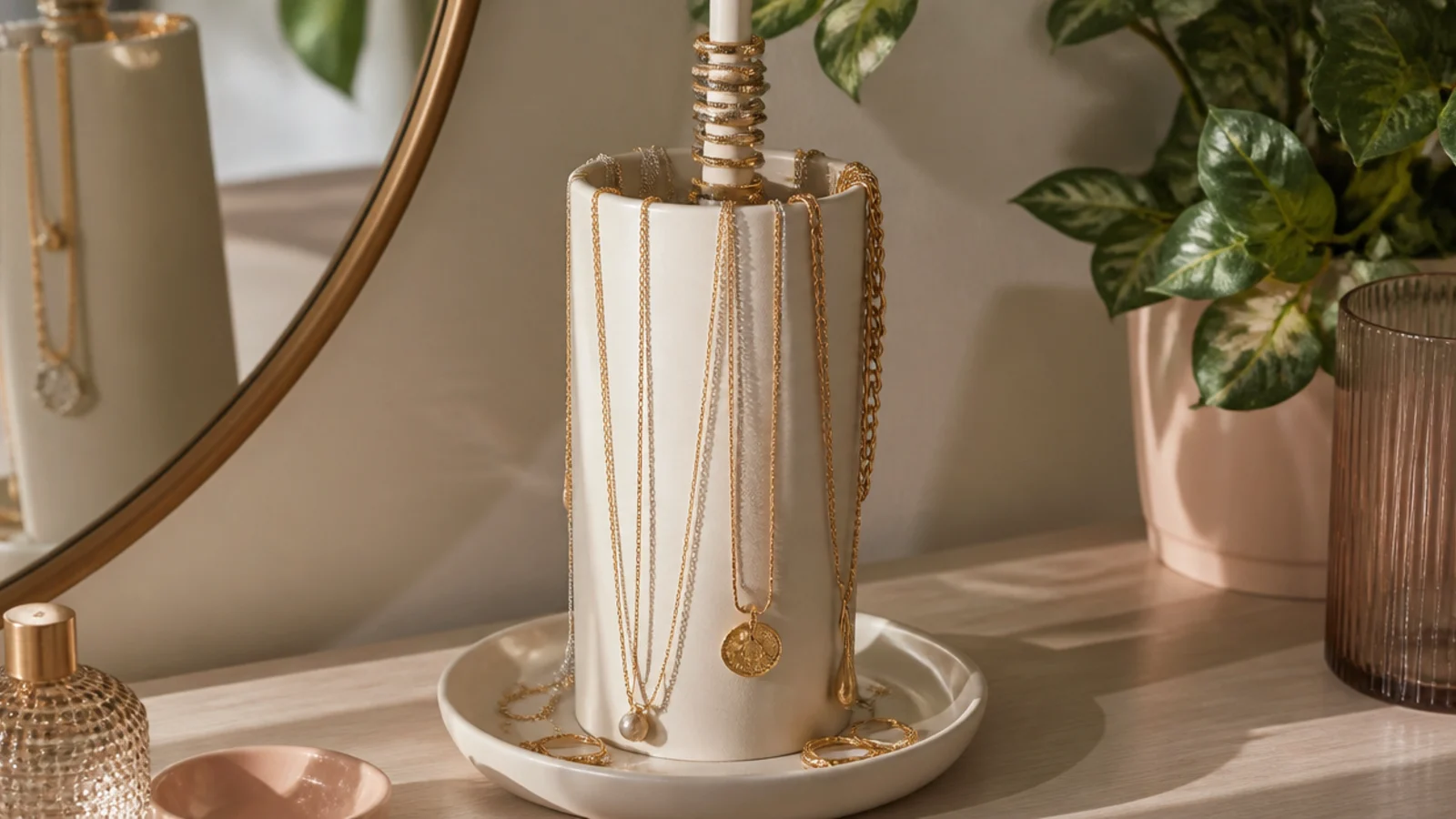 A tall slim vase on a vanity holding a dowel of stacked rings, with chains draped over the rim and a dish at the base.