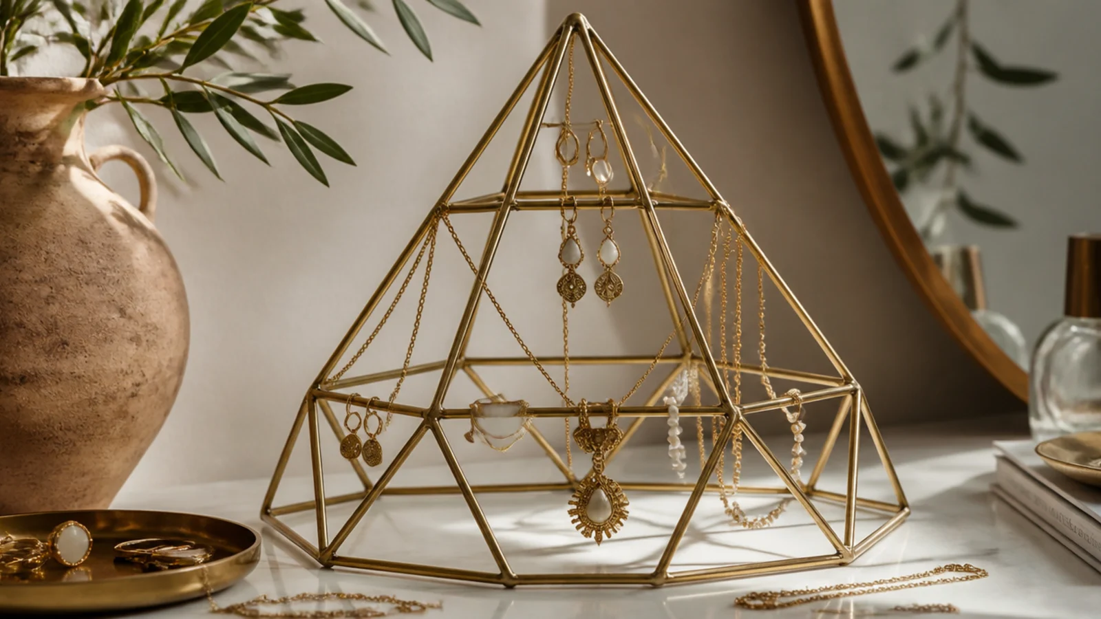 A brass geometric himmeli-style frame on a vanity with earrings and necklaces hung from its angular struts.
