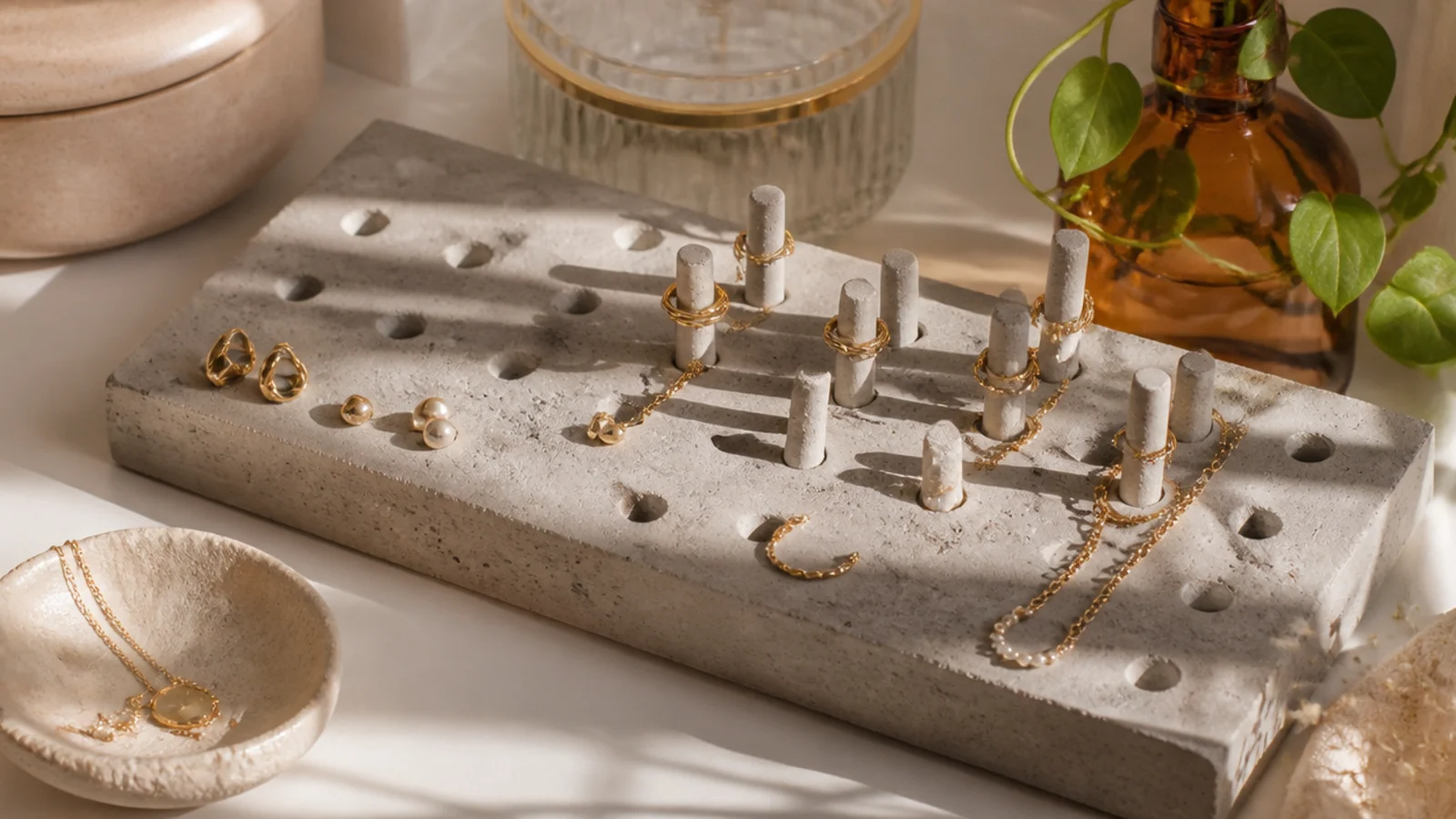 A cast concrete block with drilled holes and pegs on a vanity, holding stud earrings, rings on pegs, and a chain.