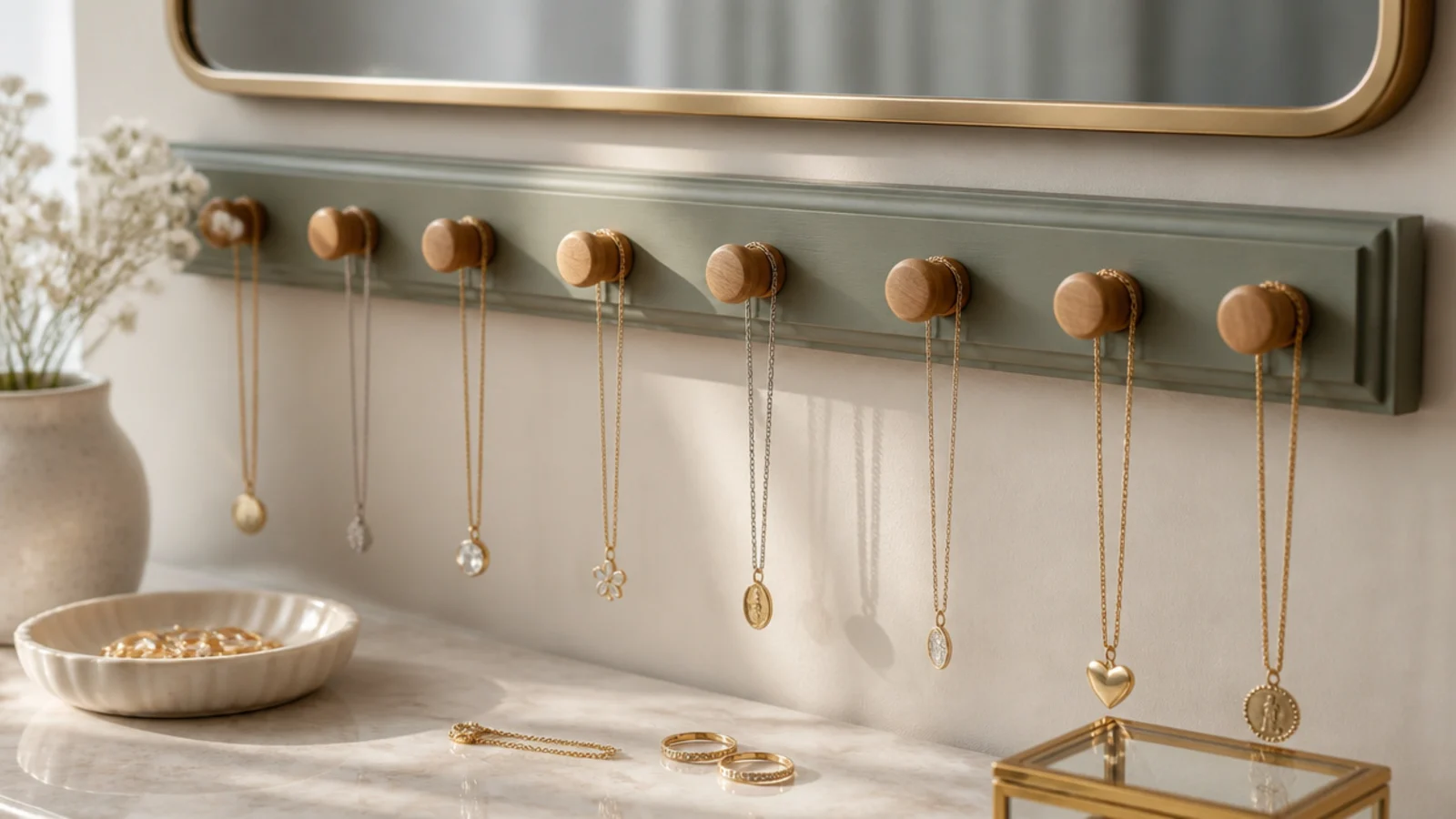 A painted wood rail with a row of wooden knobs mounted beside a mirror, each knob holding a single untangled necklace.