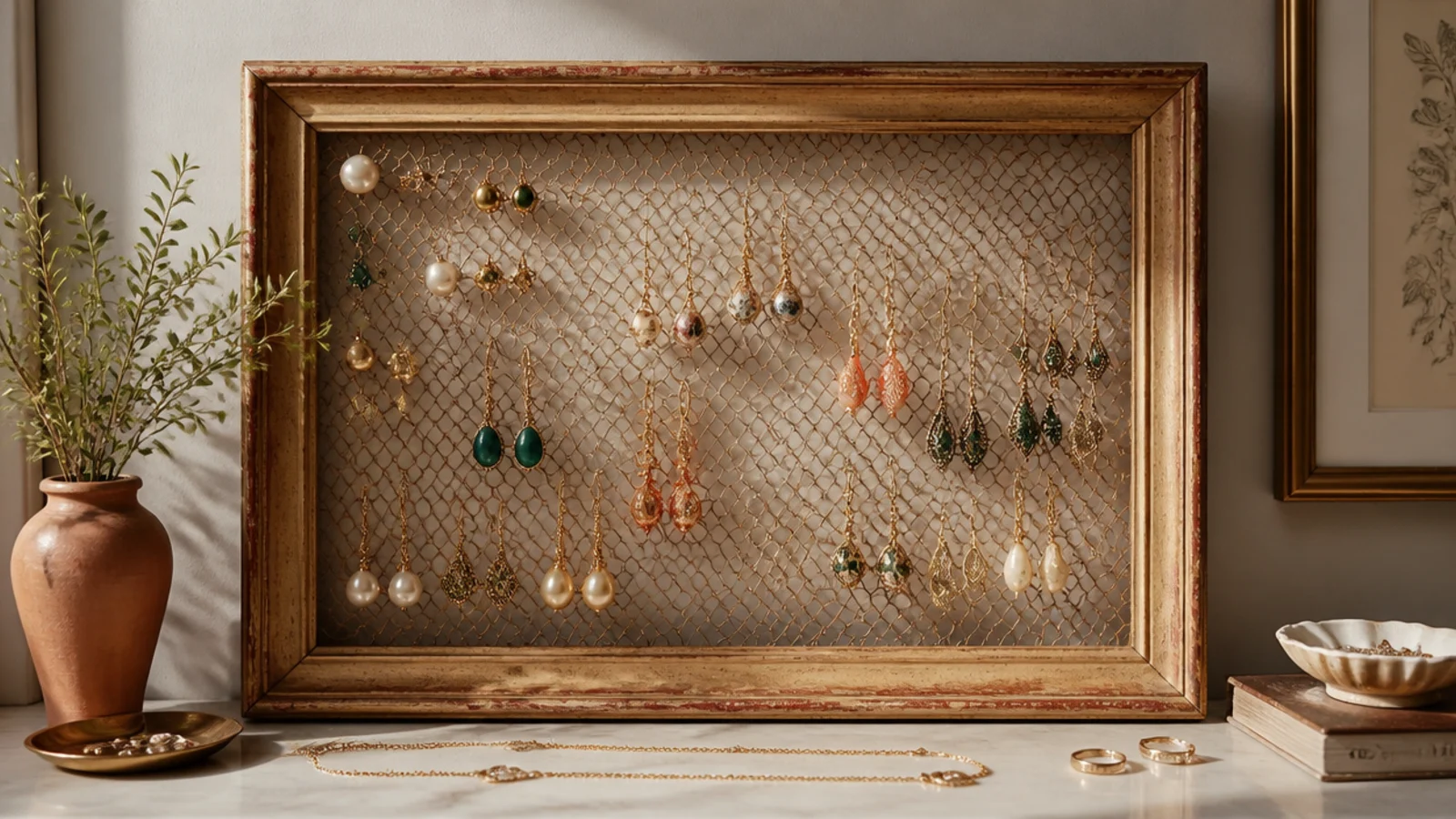 A thrifted frame backed with fine wire mesh on the wall, dangle earrings hooked in columns and studs pushed through.