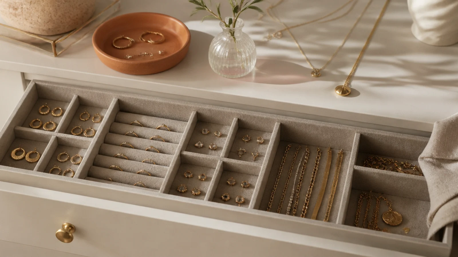 A shallow dresser drawer lined with felt and divided into sections, holding the occasional and backup pieces sorted by type.