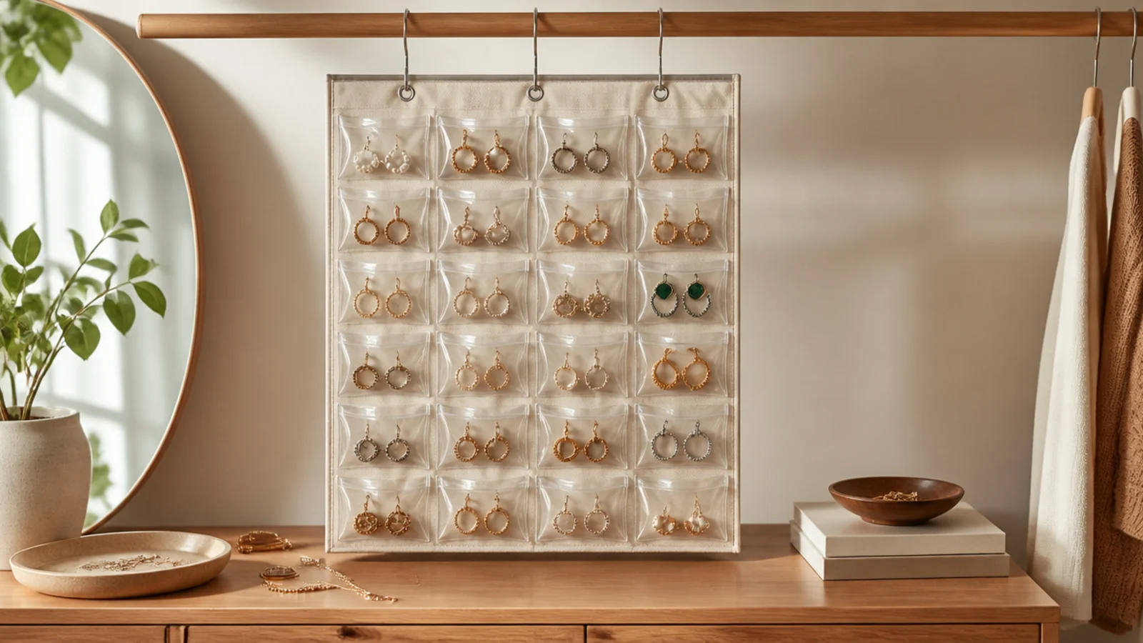 A hanging clear-pocket panel on the closet rod, each pocket holding a sorted set of small jewelry, fully visible.
