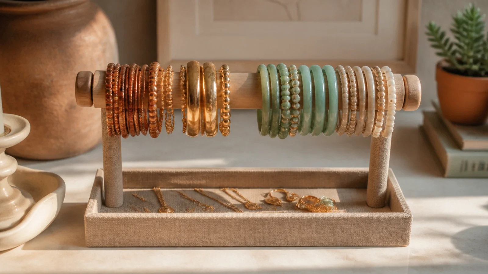 A small stand with a horizontal bar on the dresser, bangles and bracelets slid onto it and grouped by color.