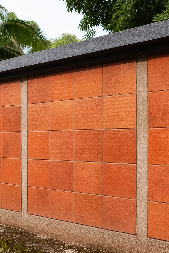Warm terracotta wall panels with a dark grey top cap