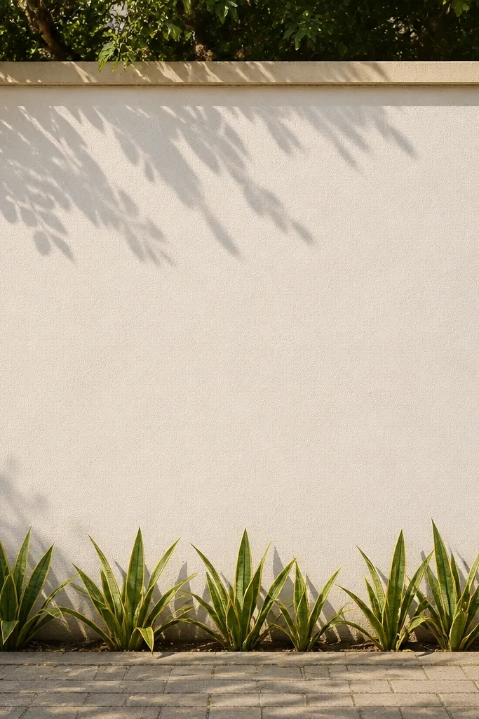 Plain off-white wall with small mosaic frames at the corners and a dark coping