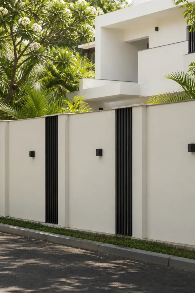 White wall with evenly spaced black vertical slats and a grey top cap