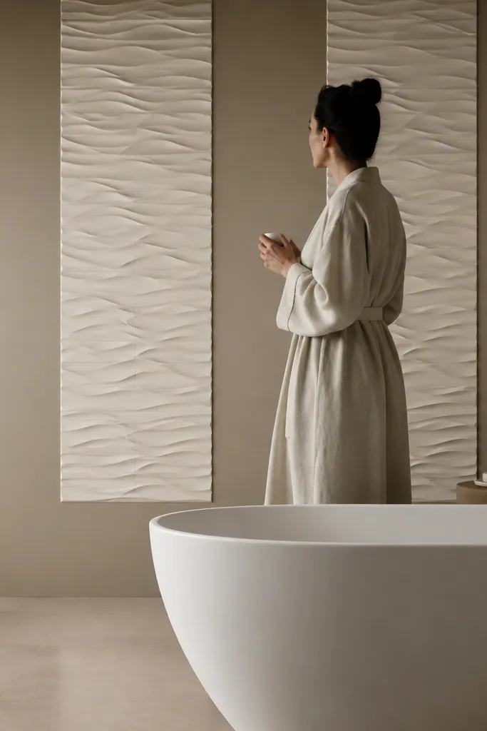 Neutral painted wall with repeating wave relief tile sections and grey coping