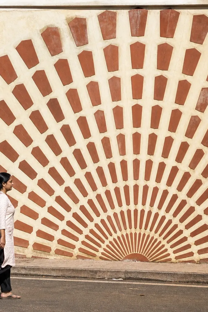 Warm terracotta fan pattern made of tiles on a cream wall with dark cap