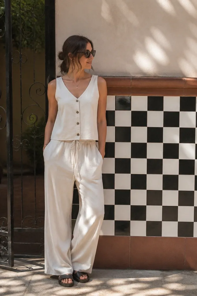 Black and white checker tile panels on a neutral wall with warm brown coping