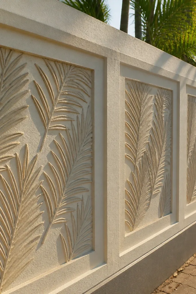 Off-white wall with raised coconut-leaf plaster panels and dark coping