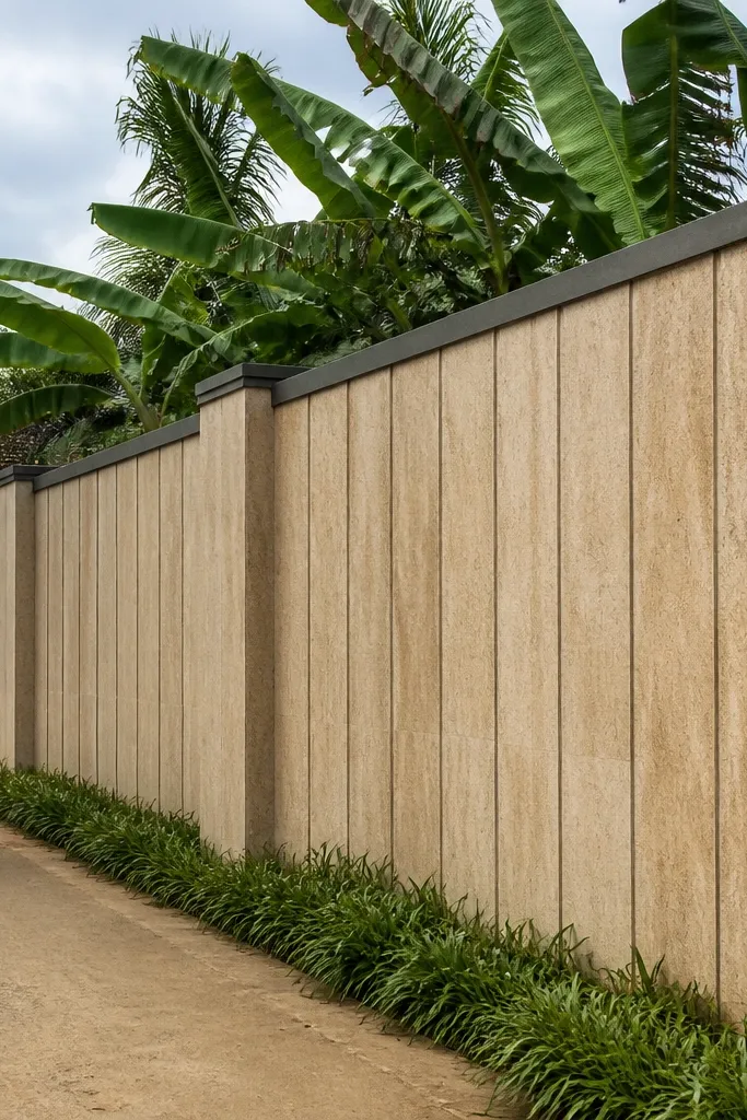 Travertine-look wall with thin vertical grooves and light grey coping