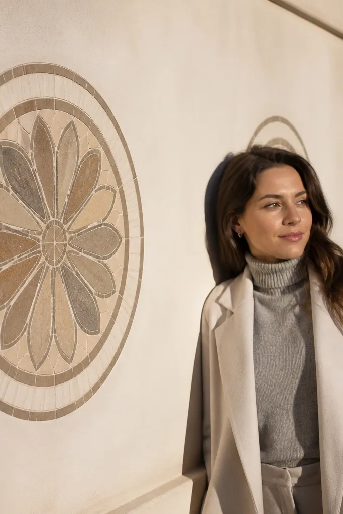 Off-white wall with round medallion tile panels and thin border tiles