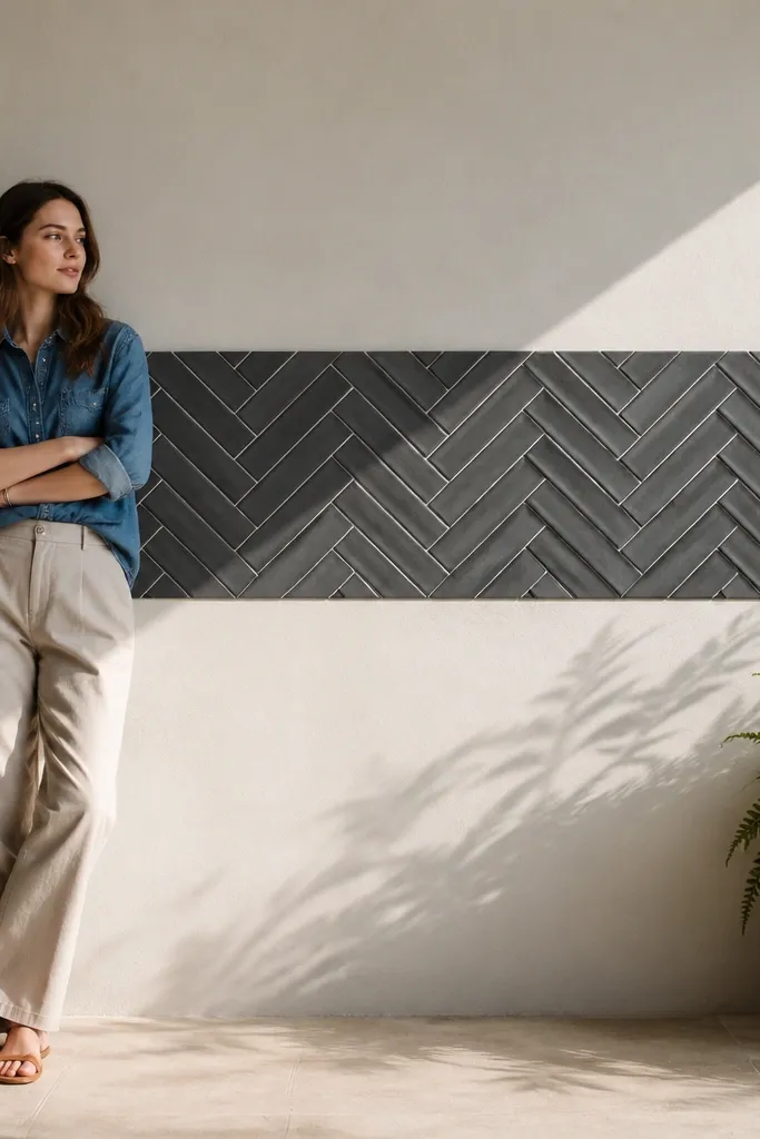 Neutral wall with a diagonal chevron tile strip and grey coping