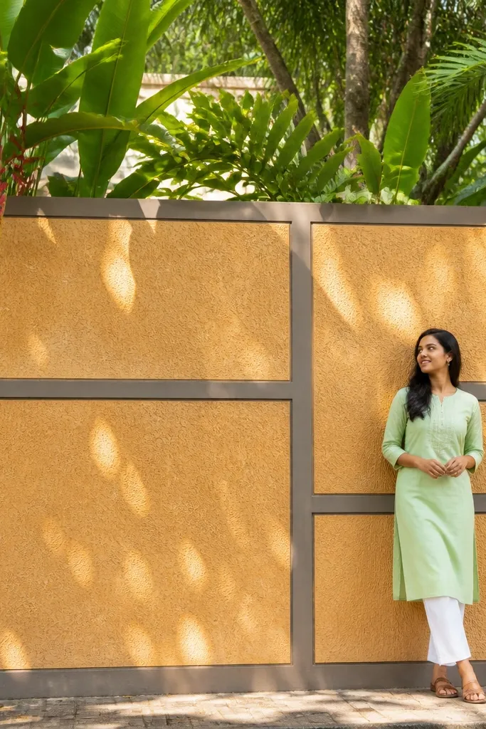 Golden sand textured panels separated by grey borders and a dark coping