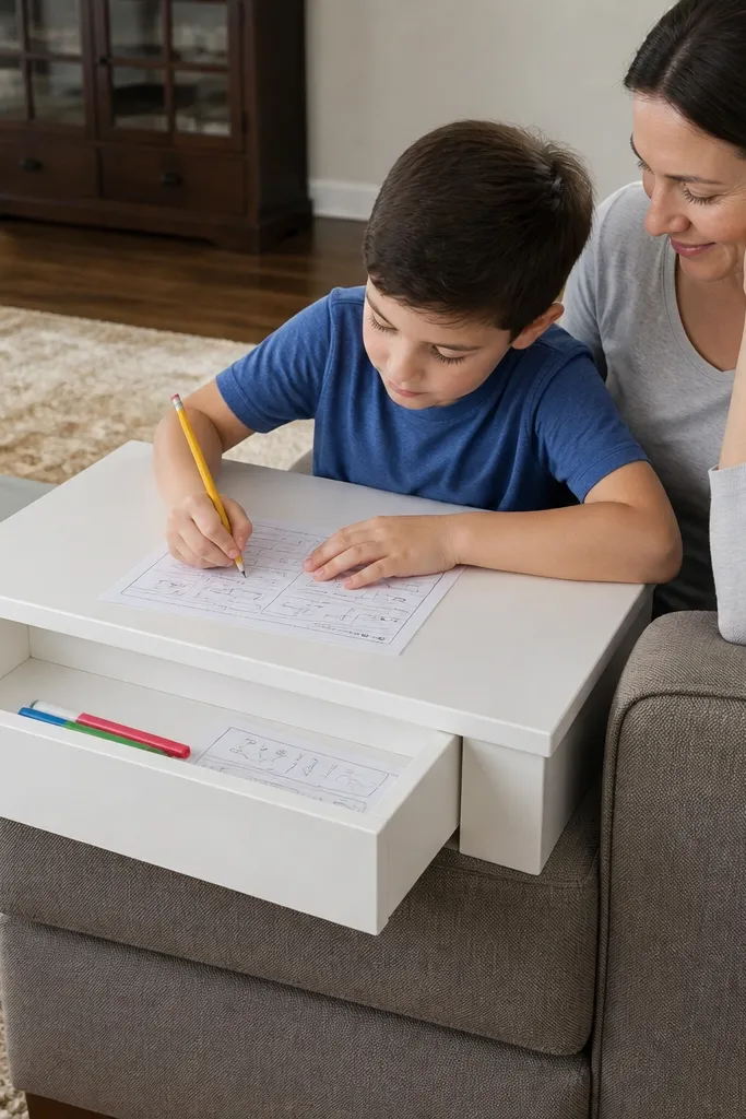 Light wood lap desk on a chair with a shallow tray for pens and paper