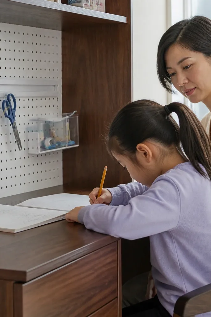 White pegboard behind a compact desk with hooks holding a pencil cup and supplies
