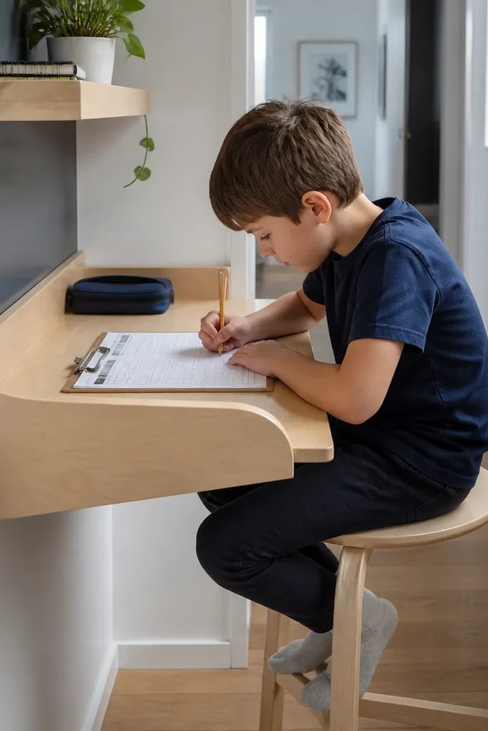 Small floating shelf desk with a clipboard lip holding worksheets