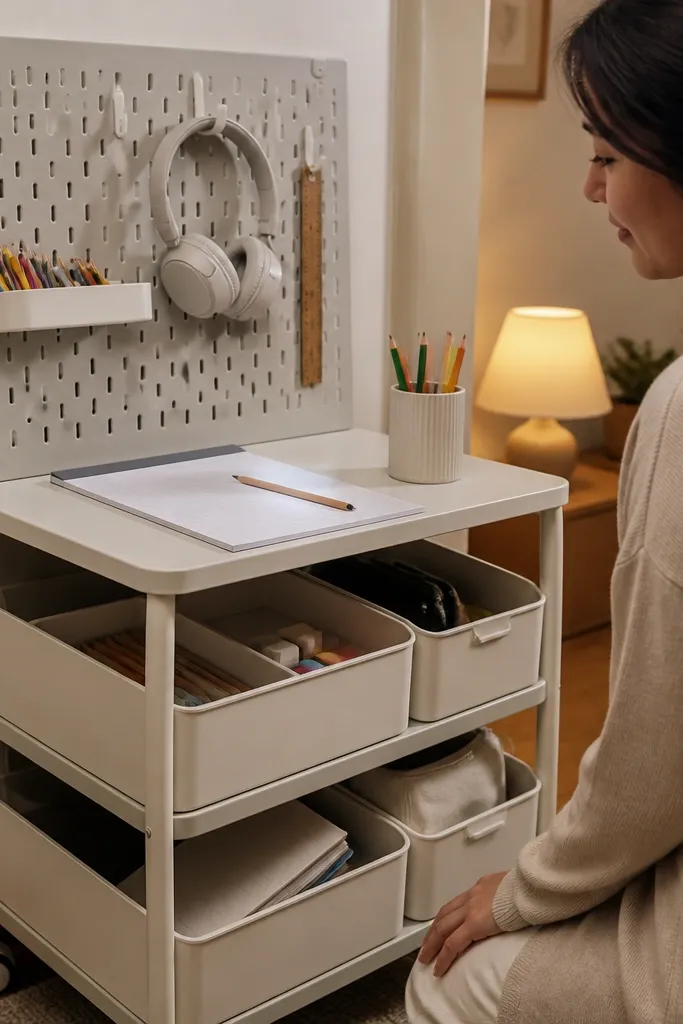 White rolling cart with a pegboard back behind a study tray and bins