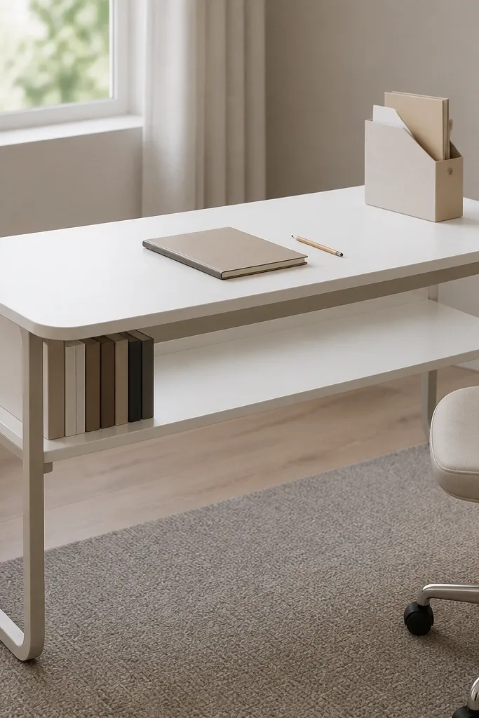 Desk with an under-shelf holding books and a top writing surface with a pencil cup