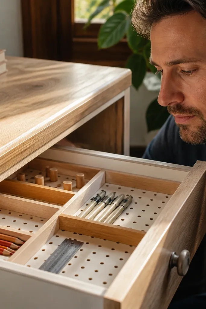 Desk drawer area with a pegboard-style insert holding pens and small bins