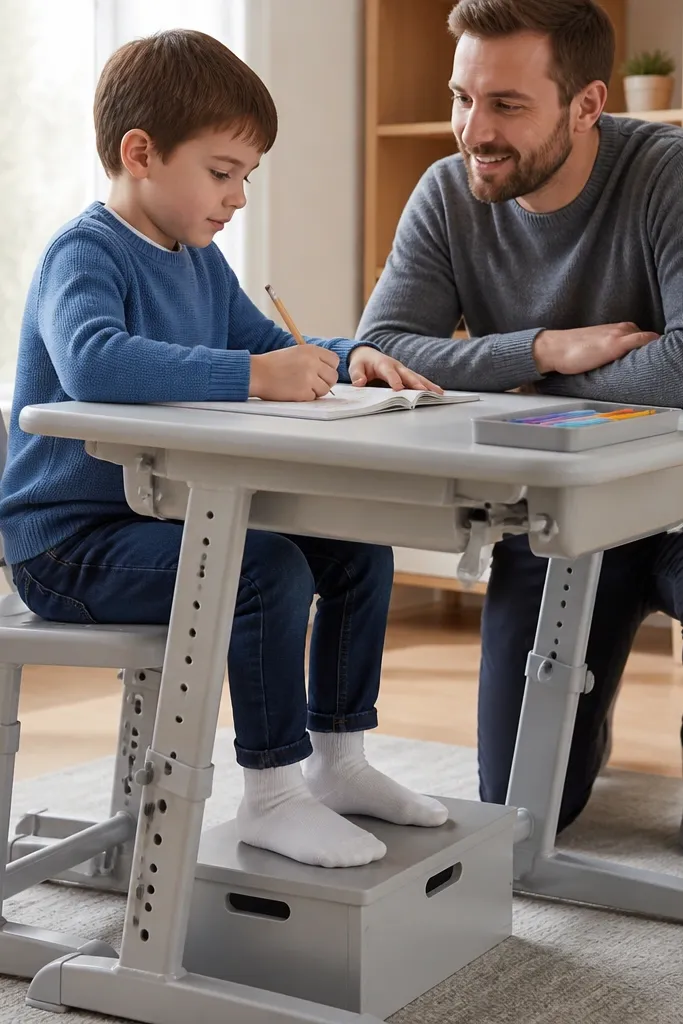 Adjustable desk setup with a small footrest box under a kid chair