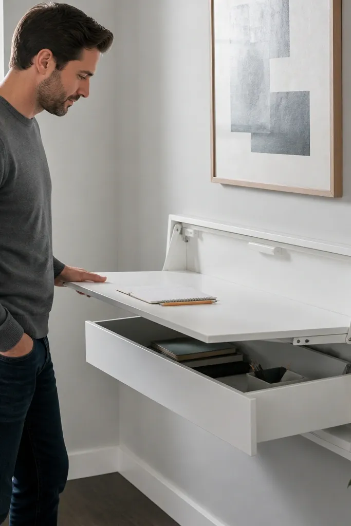 Wall-mounted lift-top desk with a hidden compartment closed over supplies