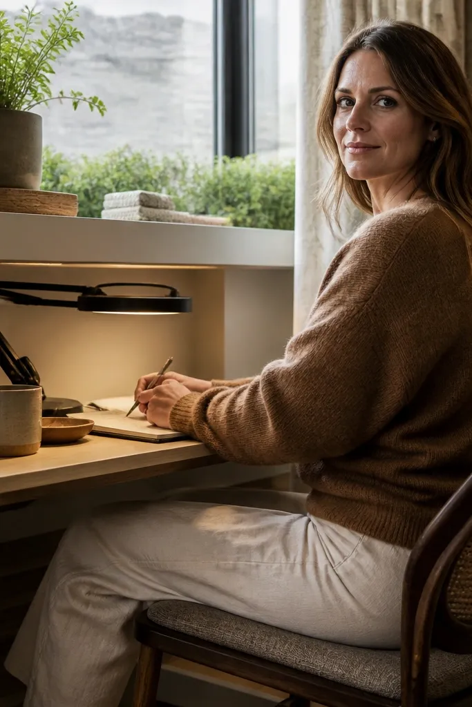 Window nook desk with swing-down light shelf and closed cubbies