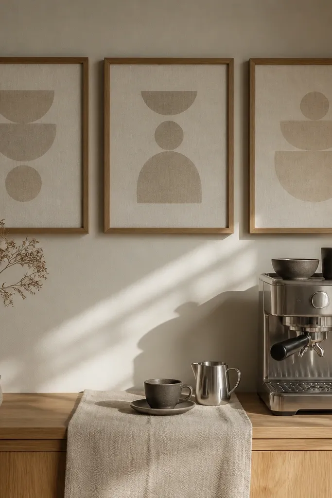 Three light oak frames with linen-textured prints above a small coffee station