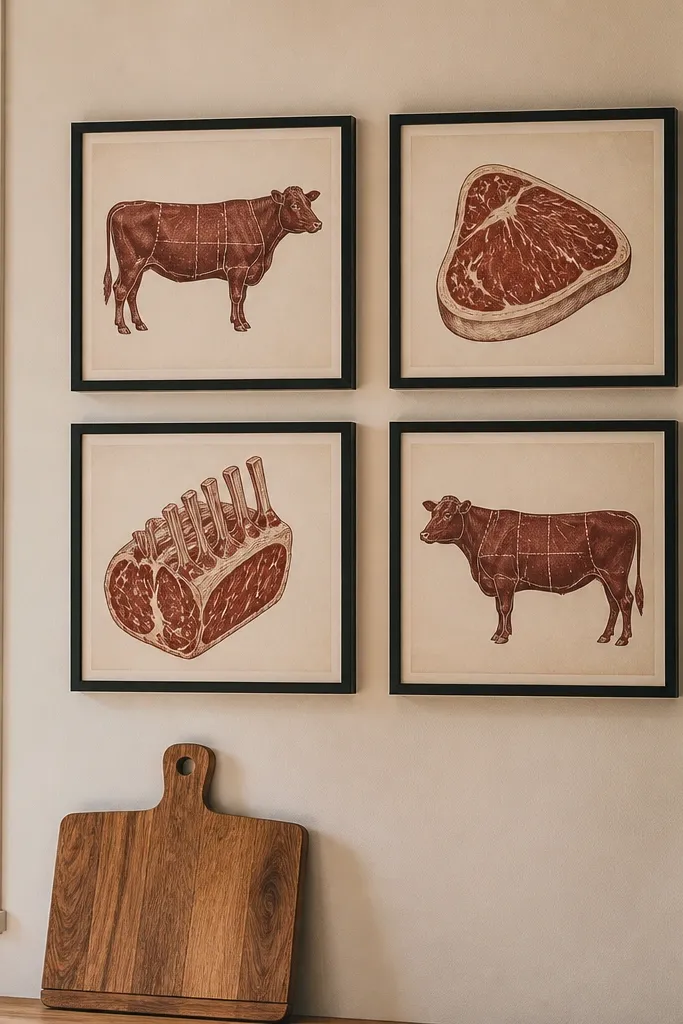 Four black thin frames in a grid with warm-toned vintage kitchen prints