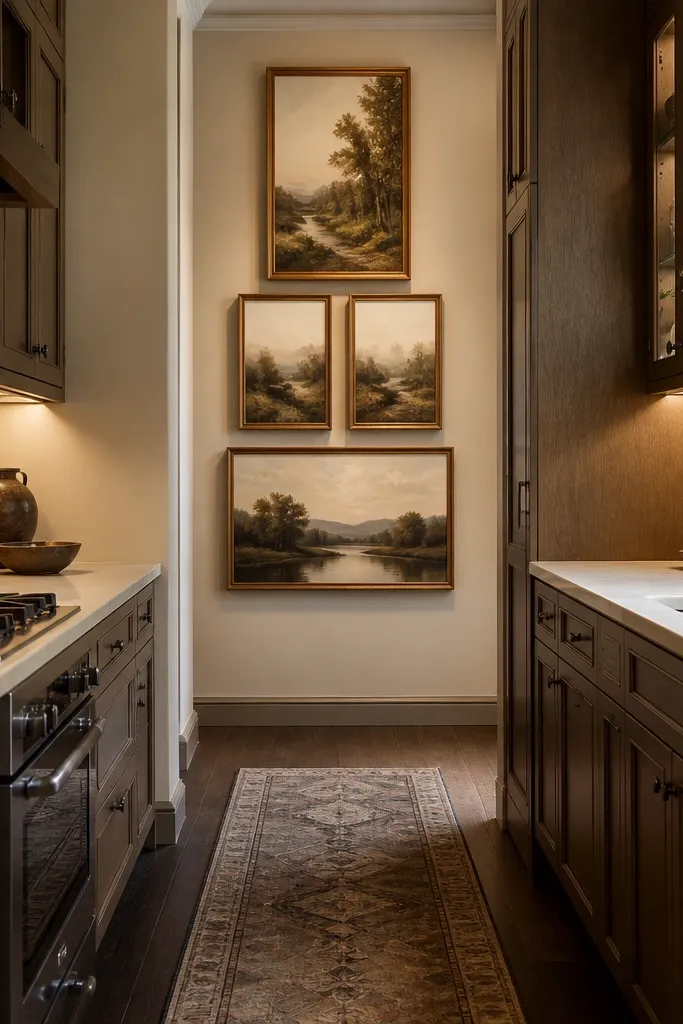 A vertical stack of tall frames that transitions into wider frames on a narrow kitchen wall