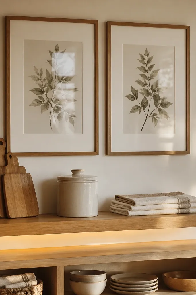 A small floating shelf with warm decor and two matching frames on the wall above
