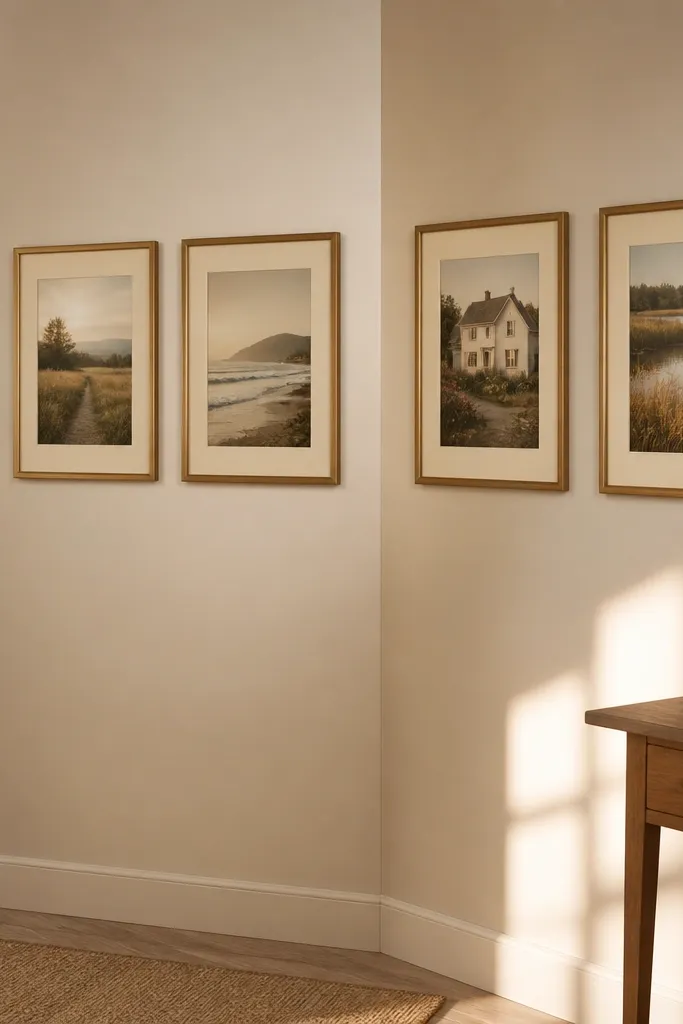 Four cream-matted photos arranged in an L shape on a light kitchen wall