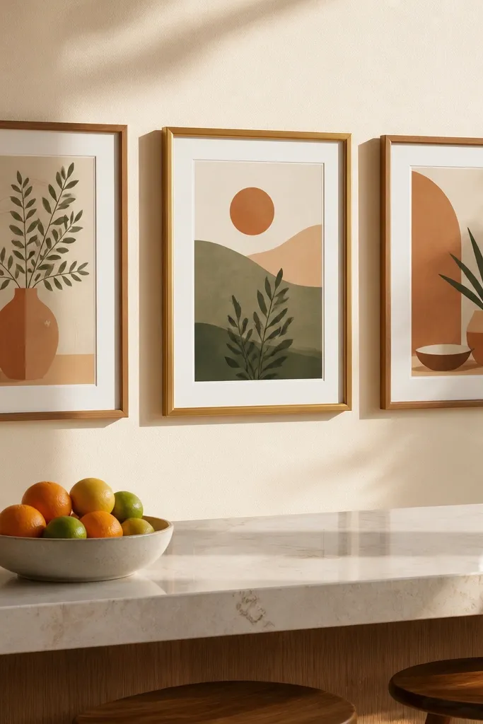 Three sage and terracotta prints with matching frames plus one brass frame centered
