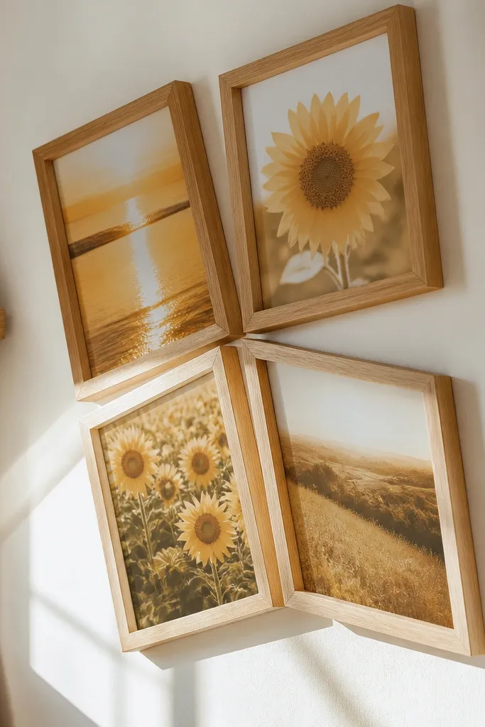 Four frames arranged like a sunburst with warm yellow and cream prints