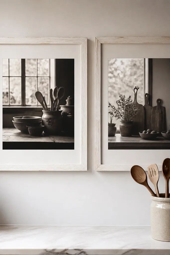 Whitewashed wood frames holding black-and-white kitchen photos on a warm wall
