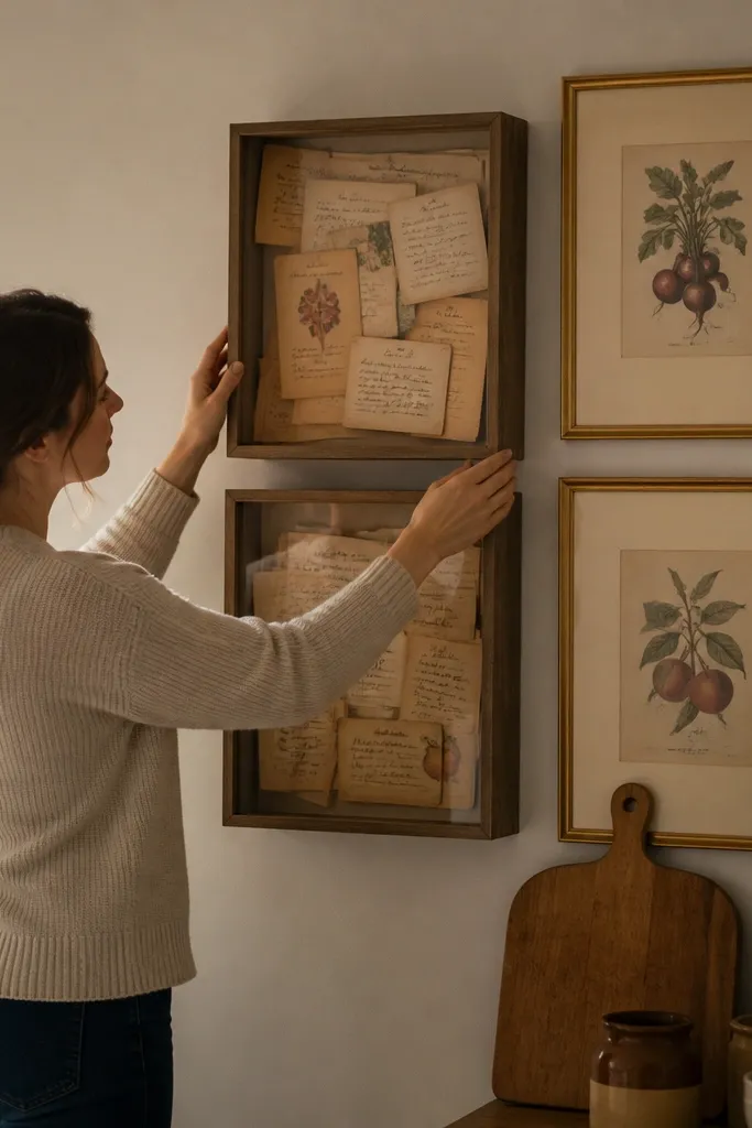 Two framed prints beside a shadowbox filled with recipe cards on a kitchen wall